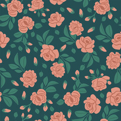 Vintage pattern with pink roses and leaves on green background. Retro flowers pattern. Vector illustration