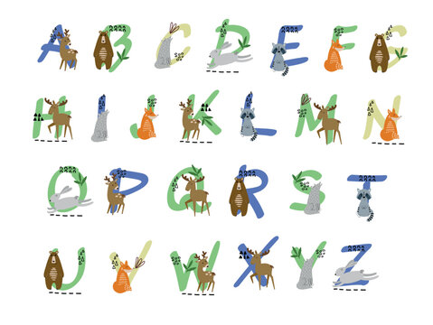 Vector hand drawn alphabet with animals. Cute design for invitations, card, birthday, poster etc.