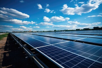 Solar panels on the sky background. Solar power plant. Blue solar panels. Alternative source of electricity. Solar farm.