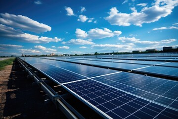 Solar panels on the sky background. Solar power plant. Blue solar panels. Alternative source of electricity. Solar farm.