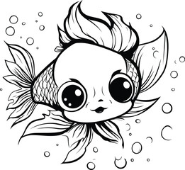Cute cartoon goldfish. Black and white vector illustration for coloring book.
