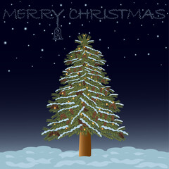merry christmas, stars in the sky, chtistmas tree lights, cones on the tree, bell from the stars, snow winter