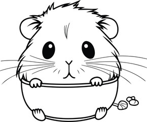 Hamster in bowl. Black and white vector illustration for coloring book.