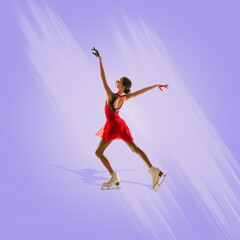 Fototapeta na wymiar Elegant teen girl, beautiful dancer making performance. Figure skating activity. Creative design. Concept of winter sport, art, choreography, performance. Poster, ad