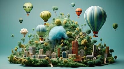 Fototapeta premium Green earth with buildings, trees and balloons