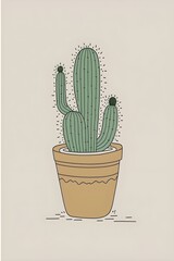 line art flat illustration sketch doodle minimalist simple white background single potted cactus pastel colors hand drawn 8k 