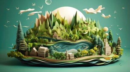 Green planet with buildings, trees and houses with greeny back