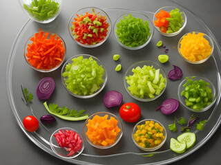 Different types of Fresh and healthy raw vegetables on wooden table. Image is generated with the use of an Artificial intelligence