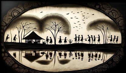 Capture the beauty of reflections in water warli painting  - obrazy, fototapety, plakaty