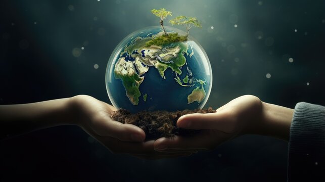landscape with planet earth in hands of two people