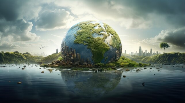 landscape with planet and reflection inside water.