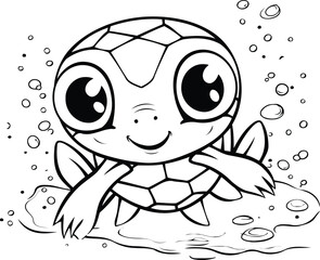 Coloring book for children. a cute turtle swims in the sea