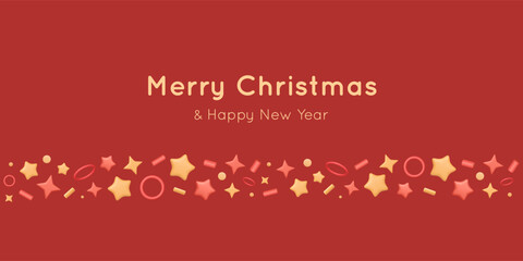 Banner with 3d vector stars, stick, circle. Confetti render elements in border pattern. Yellow and red colors, birthday, Christmas and New Year background, holiday template for invitation, greeting.