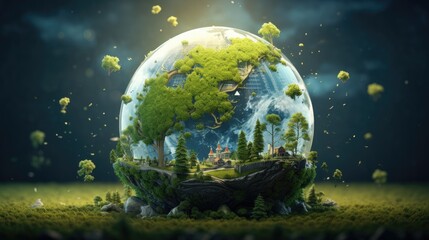 Obraz na płótnie Canvas Planet earth with trees on green grassy background.