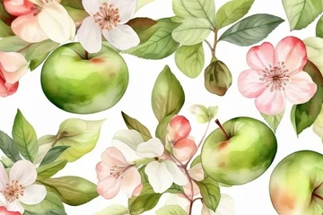 Fotobehang Pattern with watercolor apple flower illustrations. Generative AI © Una