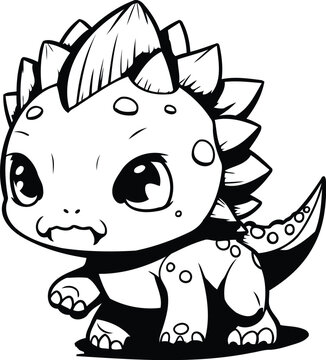 Cute Cartoon Dinosaur   Black and White Vector Illustration. Isolated On White Background