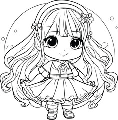 Cute little girl with long hair. Vector illustration for coloring book.
