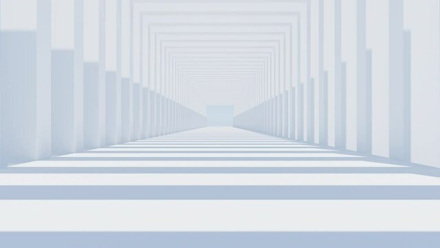 3D render of slow moving camera through white square archway in day light with sun shadow with refraction and reflection effects, 4K seamless loop abstract architectural live wallpaper