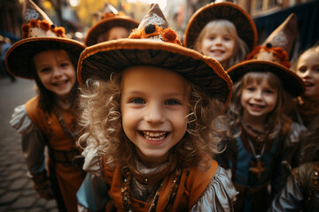 Group of children looking at the camera dressed as witches during the Halloween party.