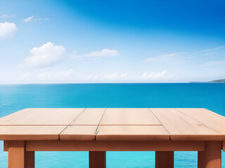 Wooden table on the background of the sea, island and the blue sky. Background with copy space for product display