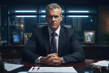 Big corporation chief officer sitting at his office desk looking at the camera, serious, confident