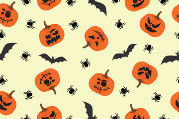 Happy Halloween with pumpkins, bat and spider. Seamless pattern. Vector illustration. Vector 