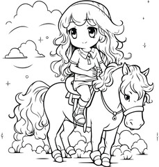 Little girl riding a horse. Vector illustration. Coloring book for children.