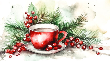 Obraz na płótnie Canvas Christmas red tea cup decorated with conifer twigs.