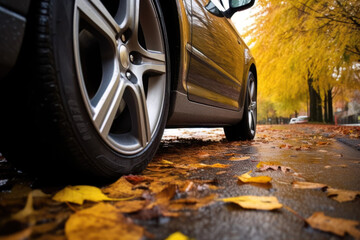 Car with winter tires on a street with autumn leaves