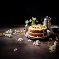 Homemade round sponge Brown Butter cake or chiffon cake on wooden plate table with flowers. Homemade bakery concept for recipe, background and wallpaper.