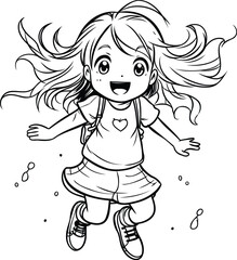 Coloring book for children. little girl running and jumping. Vector illustration