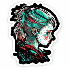 Rave girl sketch sketch sticker 8k straight face tattoo on the face image of a girl with patterns coloring book style dragon in head neon colors India style macro photography psychedelic color 