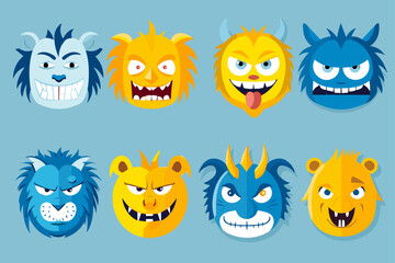 Obraz na płótnie Canvas A collection of funny monsters or animals. A set of cute fantasy or fairy tale creatures. Cartoon characters isolated on background. Bright color children vector illustration in flat style