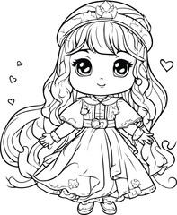 Cute little princess coloring page. Vector illustration for coloring book.