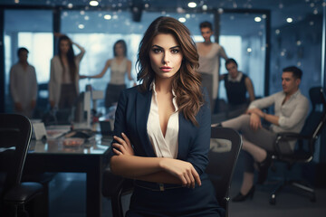 Attractive businesswoman woman posing at her work place with coworkers in the background.