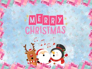 A festive Christmas background featuring Santa Claus, a snowman, and reindeer. 