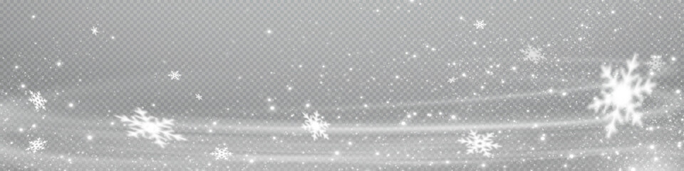 Snow and snowflakes on transparent background.  Winter snowfall effect of falling white snow flakes and shining, New Year snowstorm or blizzard realistic backdrop. Christmas or Xmas holidays. - obrazy, fototapety, plakaty