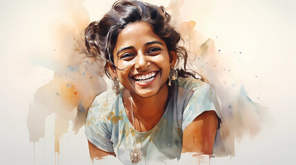 Watercolor portrait of a young Indian woman. Young girl smiling, close-up portrait. Illustration