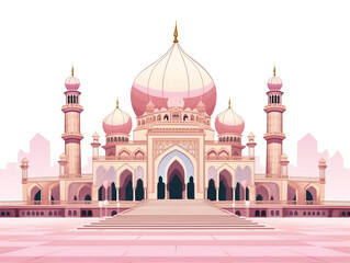 A medium-sized mosque with a main dome and several minarets. Front elevation view. 2D flat illustration image.