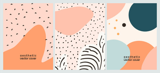 Set abstract minimalist background with simple hand drawn shapes and copy space. Collection boho aesthetic vertical templates for social media posts. Vector naive design