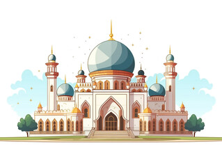 A medium-sized mosque with a main dome and several minarets. Front elevation view. 2D flat illustration image.