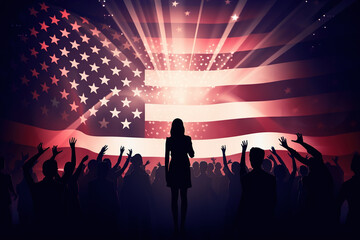 American flags are waving on stage with people silhouettes. - obrazy, fototapety, plakaty