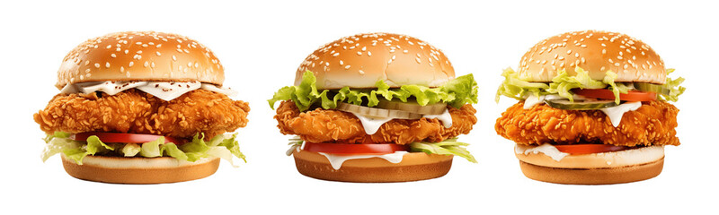 Collection of set Fried chicken burger isolated on transparent background. PNG file, cut out