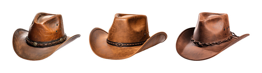 Collection of set Brown leather cowboy hat Rodeo horse rider isolated on transparent background. PNG file, cut out