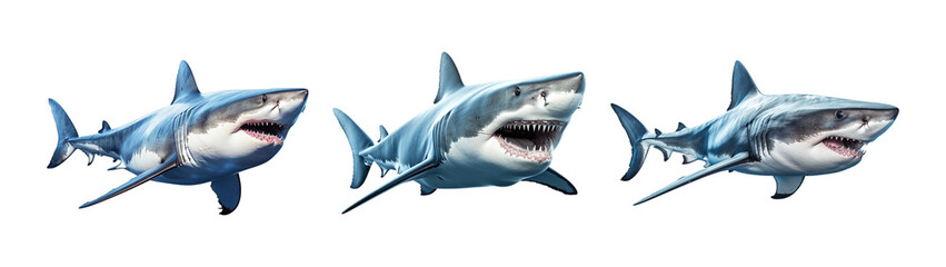 Collection of set White shark isolated on transparent background. PNG file, cut out
