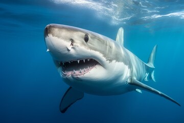 Close-up shot of a white shark in the clear blue ocean with its menacing mouth and teeth. A wild and dangerous creature that needs species protection. Generative AI