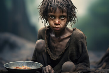 Hungry, starving, poor little child looking at the camera. - obrazy, fototapety, plakaty