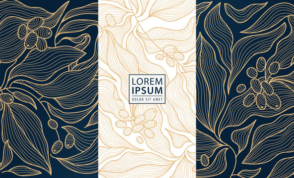 Set of vector design elements labels, frames, package. Line golden backgrounds, floral patterns with leaves, coffee beans