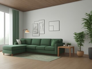 Fototapeta premium contemporary interior design for living room mock up with green couch.