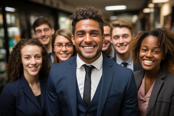 Group potrait of diverse coworkers with blurred office background